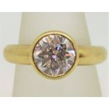 18ct bezel set diamond solitaire ring, the stone 2cts approx, size M/N, 7.7g, with a 1999 HRD