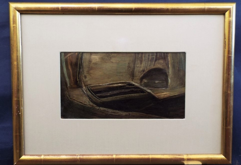 John Dalton (1915-1989) - 'Park Mead', signed, inscribed verso, oil on paper, 14.5 x 26.5cm, framed - Image 2 of 3