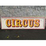 A hand painted wooden sign "circus", with moulded rectangular frame and distressed paint work, 175