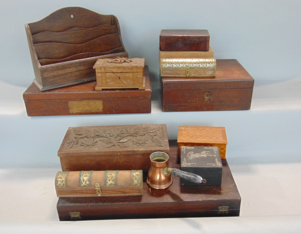 A collection of boxes including a late 19th century Tyrolean box with carved detail and Edelweiss