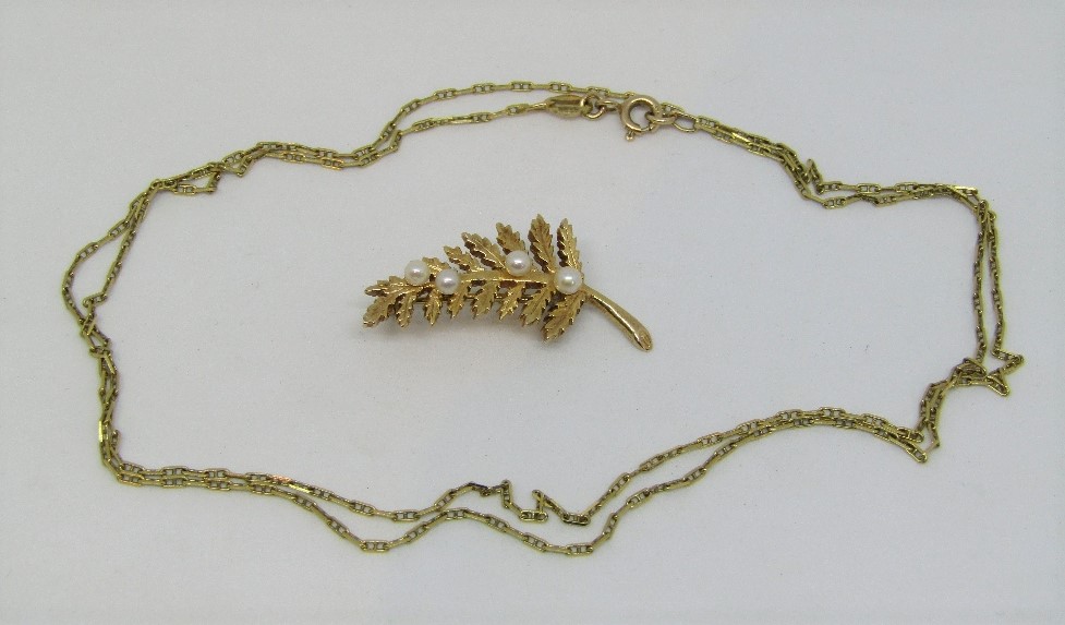 14k fine bar link necklace with 9ct clasp, together with a 9ct fern brooch set with pearls, 6.1g