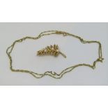 14k fine bar link necklace with 9ct clasp, together with a 9ct fern brooch set with pearls, 6.1g