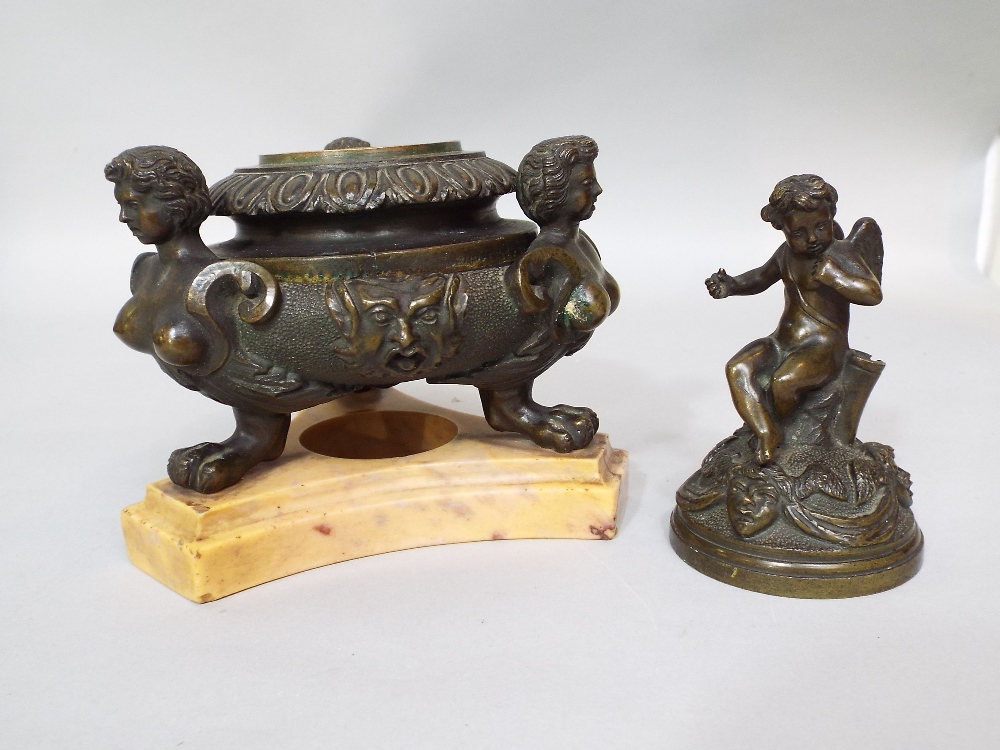 A 19th century Grand Tour bronze inkwell and cover, the finial surmounted by a winged cherub over - Image 2 of 2