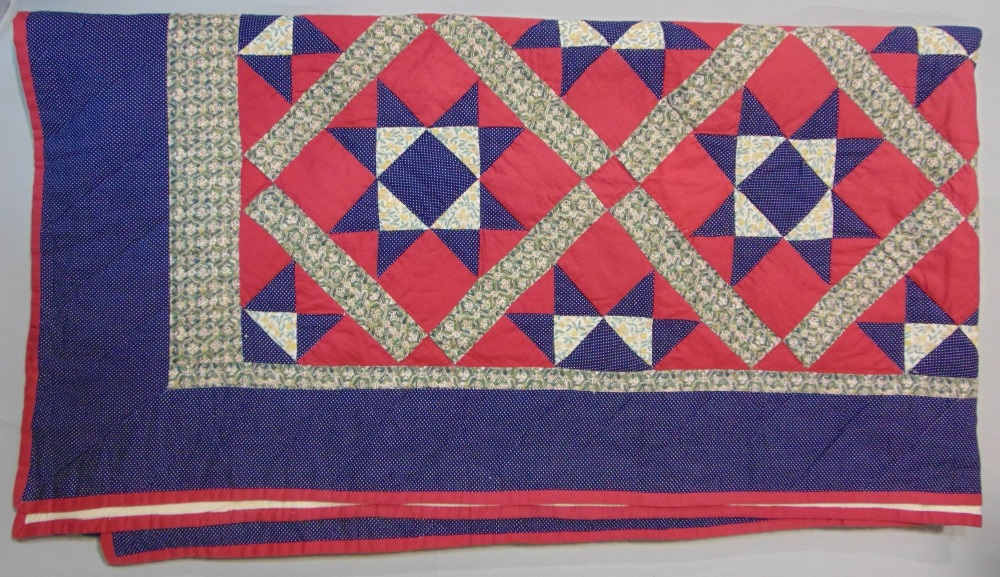 Patchwork quilt, (machine and hand stitched) in navy, pink and green colours, 220 x 240 cm (1)