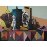 Early 21st century school - Cubist style still life with masks, model of a bird, vase and cover,