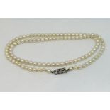 Single strand pearl necklace, the sterling silver clasp stamped 'M' - possibly for Mikimoto (clasp