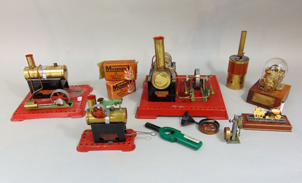 Collection of small Mamod model steam engines, together with a model Edison stock ticker with