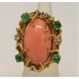 In the manner of Arthur King - vintage 14k naturalistic cocktail ring set with coral, emeralds and