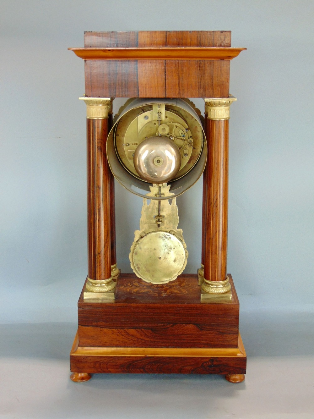 Good portico rosewood and boxwood inlaid mantel clock, the twin train brass dial with copper chapter - Image 2 of 3