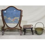 Small Georgian Ashwood footstool 19th century brass jam pan and shield shaped toilet mirror