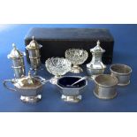 Mixed collection of table silver to include a cased faceted baluster cruet set, comprising salt