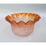A peach tinted etched glass shade with fluted rim and trailing passion flower detail, 13 cm tall