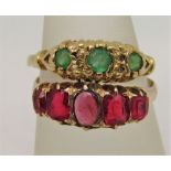 9ct Victorian style emerald and diamond ring, size P, together with a further 9ct ring set with pink