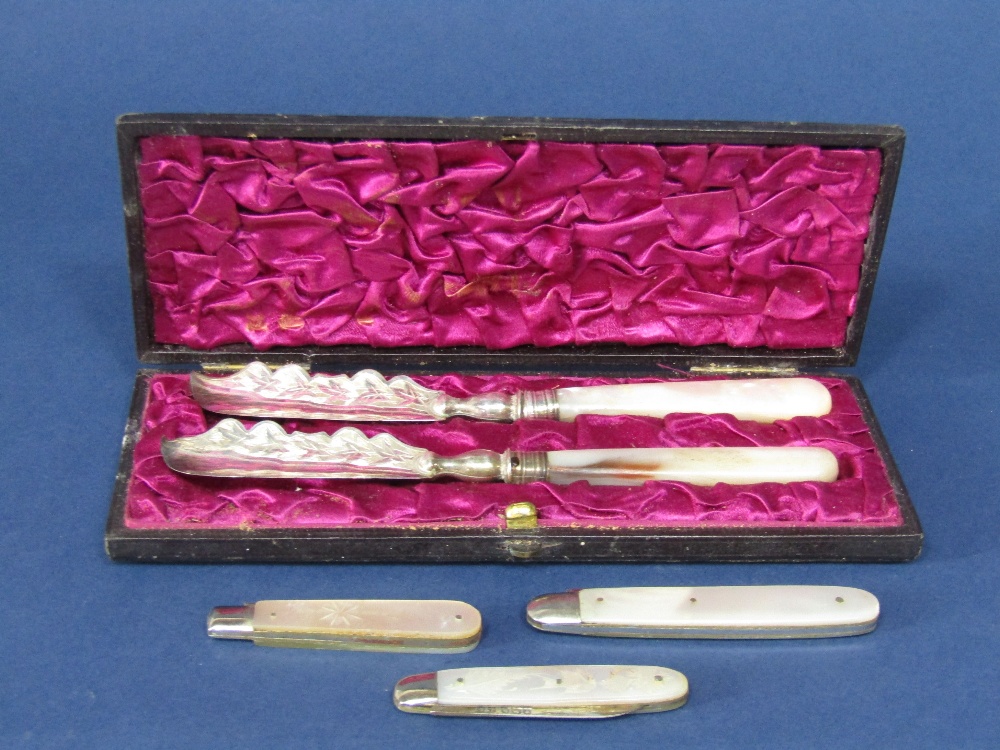 Cased pair of Victorian pearl handled silver fruit knives, the shaped blades with engraved - Image 2 of 2