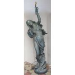 19th century verdigris cast iron 'Val d'Osne' torchere figure of a maiden, inscribed 'FONDERIES DU