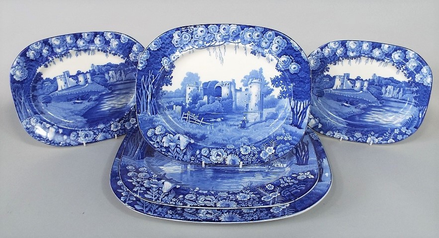 A set of five graduated blue and white printed Wood & Sons meat plates from the Enoch Woods