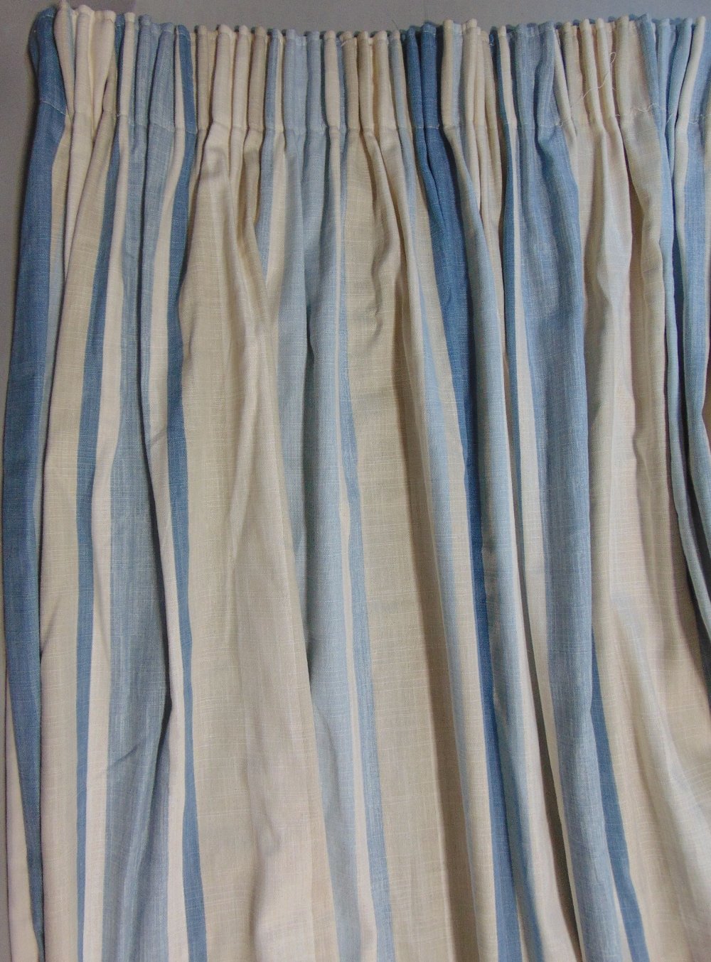 One pair bespoke made curtains in Laura Ashley 'Awning Stripe Sea Spray' fabric, in linen/cotton,