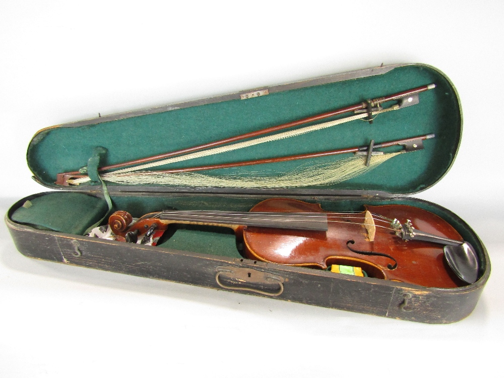 A violin case and two bows, the Maidstone John G Murdoch Co Ltd London, timber case similarly