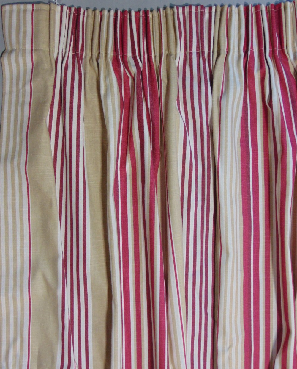 One pair bespoke made curtains in Laura Ashley striped fabric in linen/cotton, lined with pencil