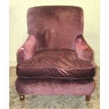 Good quality Edwardian style drawing room chair upholstered in plum coloured material with feather