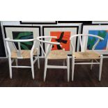 After Hans Wegner - Set of six 'Wishbone' dining chairs with white painted frames and strung