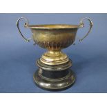 1920s silver twin handled faceted pedestal cup, maker Walker & Hall, Sheffield 1929, 23cm long, 11oz