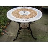 A cast aluminium garden terrace table of circular form with decorative pierced scrolling foliate and
