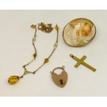 Mixed group of 9ct jewellery comprising an Art Nouveau style necklace with briolette-cut citrine