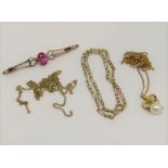 Group of 9ct jewellery comprising a figaro link bracelet, a pearl pendant necklace with bow setting,