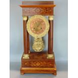 Good portico rosewood and boxwood inlaid mantel clock, the twin train brass dial with copper chapter