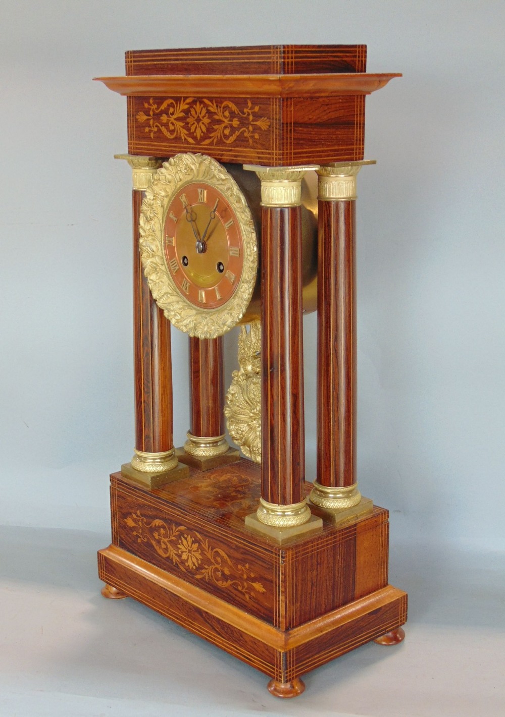 Good portico rosewood and boxwood inlaid mantel clock, the twin train brass dial with copper chapter - Image 3 of 3