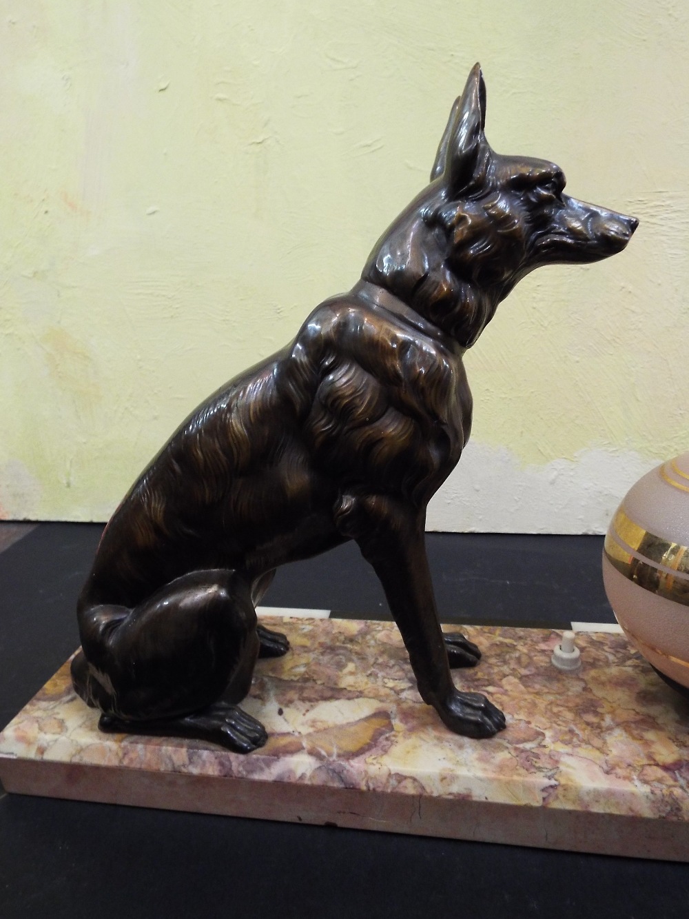 Art Deco figural lamp in the form of an Alsatian next to a pink shade with gilt highlights, upon a - Image 4 of 4