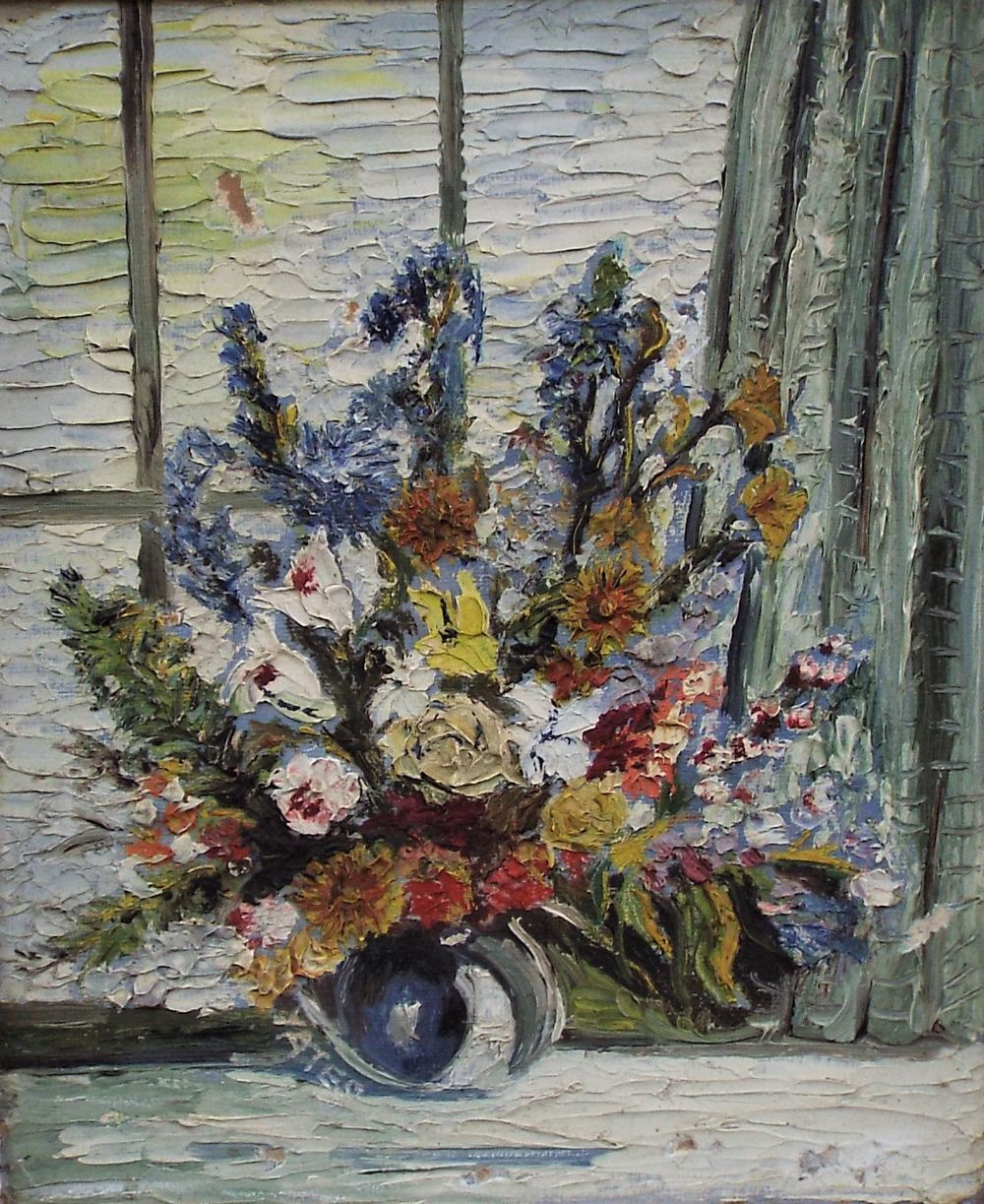 Fred Yates (1922-2008) - Still life of a bouquet of flowers on a windowsill, signed, oil on board,