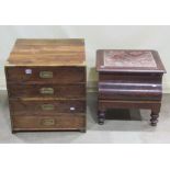 A low hardwood four drawer military/campaign style chest with brass flush fittings, together with