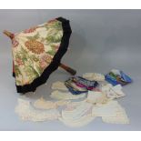 Unusual colourful parasol c. 1930's with batik style printed fabric embellished with gold chain