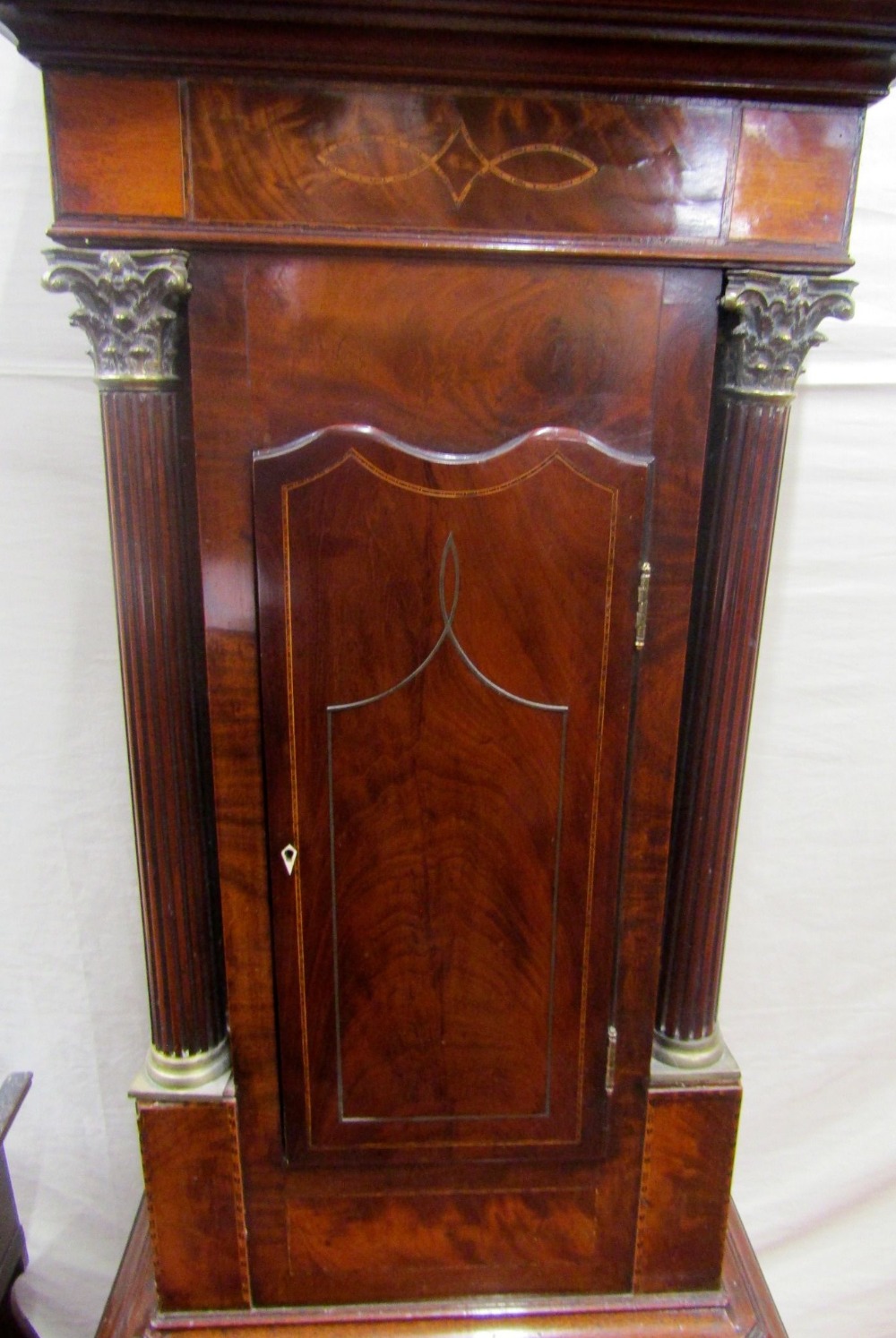 A Regency mahogany longcase clock with well figured flame veneers, the trunk with corinthian - Image 6 of 7