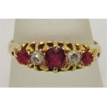 Late Victorian 18ct pink ruby and diamond ring, size P/Q, 3.8g