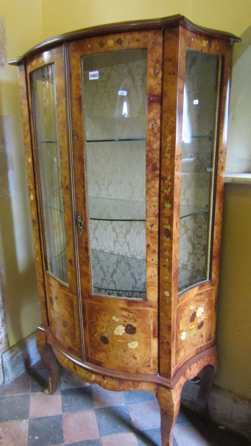 A good quality 20th century figured walnut and floral marquetry display cabinet with bow fronted - Image 2 of 4