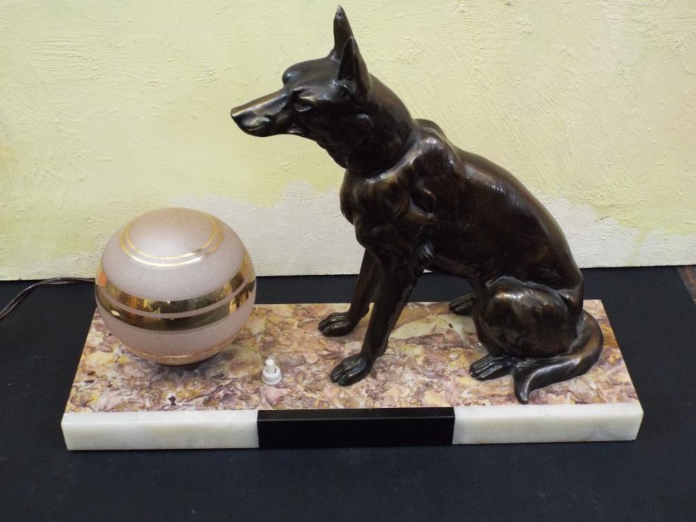 Art Deco figural lamp in the form of an Alsatian next to a pink shade with gilt highlights, upon a - Image 3 of 4