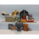 A box of miscellaneous effects including a Walkden Sealing set, dominoes, various hats, rulers,