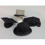 J W Crook & Sons (Bath) bowler hat size 7 ¼ together with a university mortar board hat size 7 ¼ and