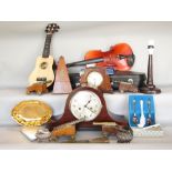 Violin and case, metronome top hat clock, four brass canons, Deco mantle clock in a burr walnut