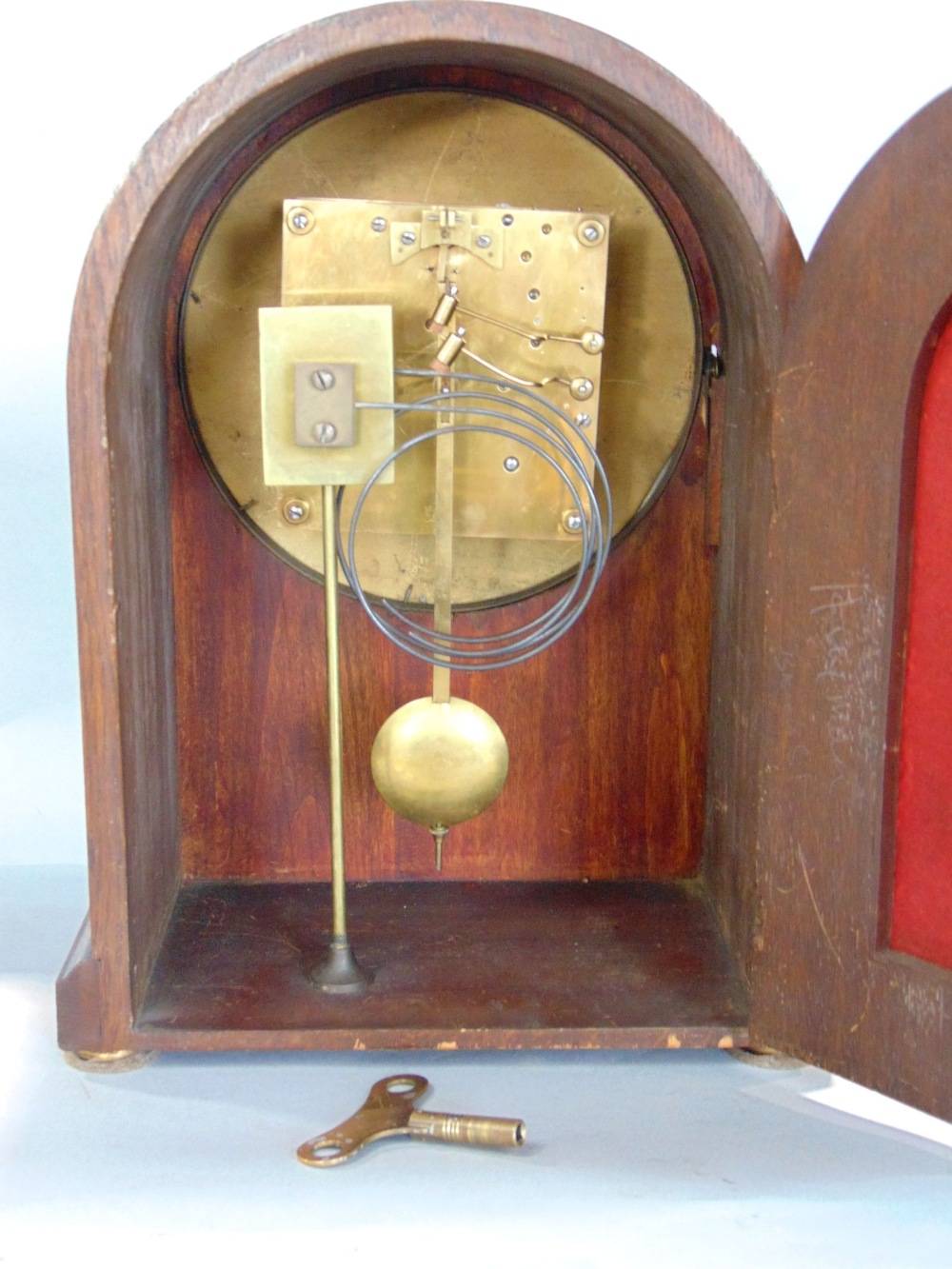 Oak cased dome top two train mantel clock, silvered dial engraved with Roman numerals, striking on a - Image 2 of 2