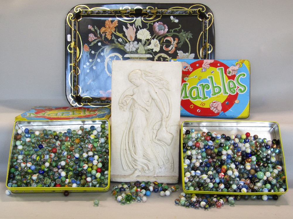 A cast plaster panel, classical maiden and two tins containing several hundred traditional English