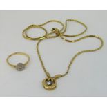 18ct Art Deco style ring, size I, together with a contemporary 9ct necklace with fixed pendant; each