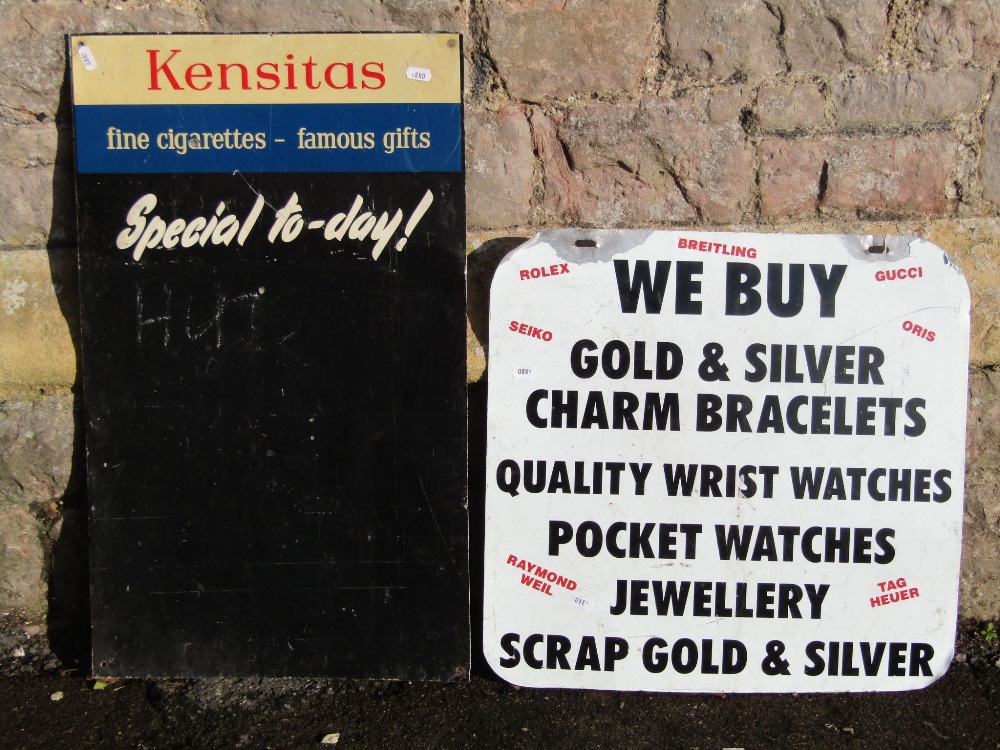 Two small aluminium painted signs advertising Kensitas Fine Cigarettes - Famous Gifts, the other