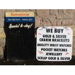 Two small aluminium painted signs advertising Kensitas Fine Cigarettes - Famous Gifts, the other