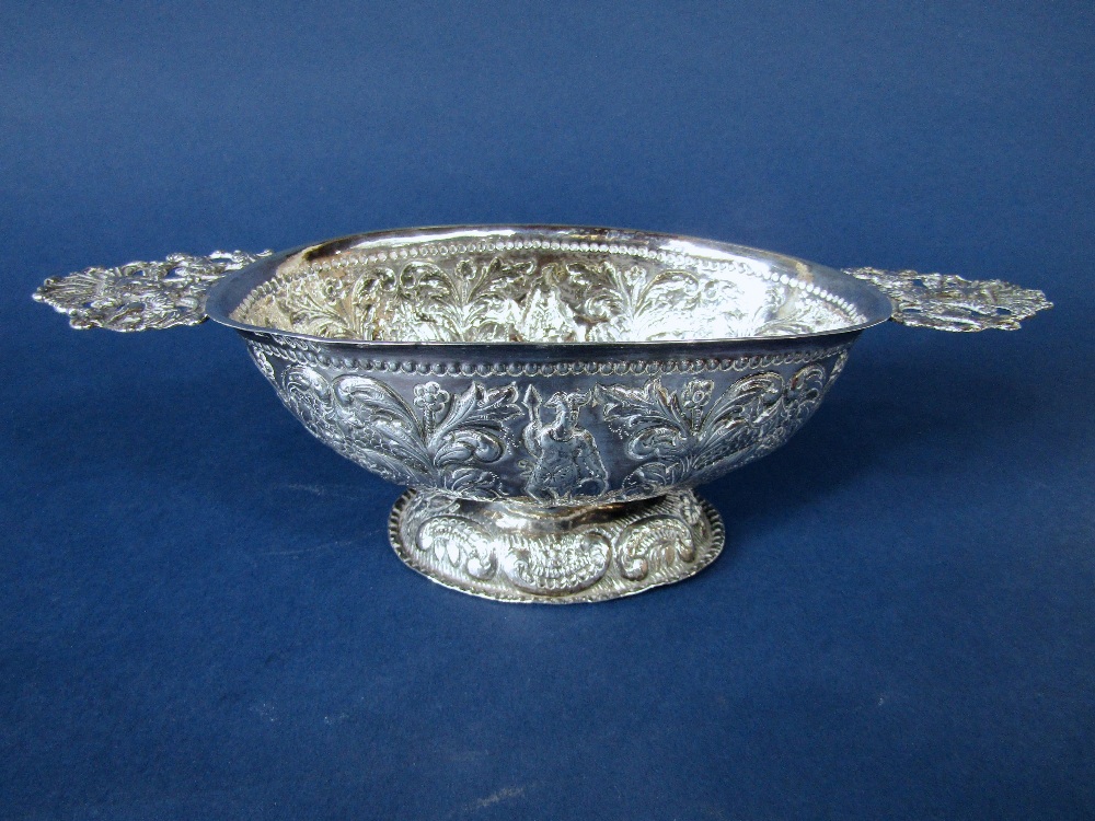 Dutch import silver twin handled quaiche/dish embossed with figures amidst foliage, maker BHJ, - Image 2 of 2