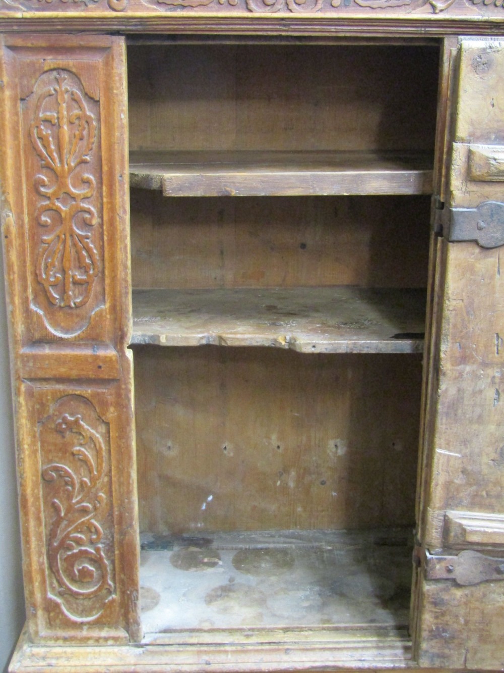 A 17th century pine side cupboard of continental origin, the central door with ironwork fittings, - Image 6 of 7