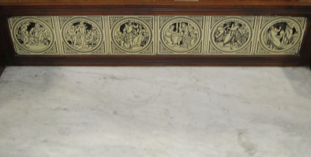 A late Victorian walnut washstand fitted with two frieze, birds-eye maple veneered drawers, raised - Image 2 of 5